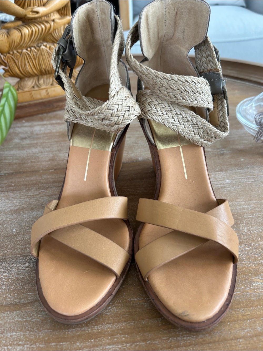 Dolce Vita Tan and Beige Braided-Strap Wedge Sandals